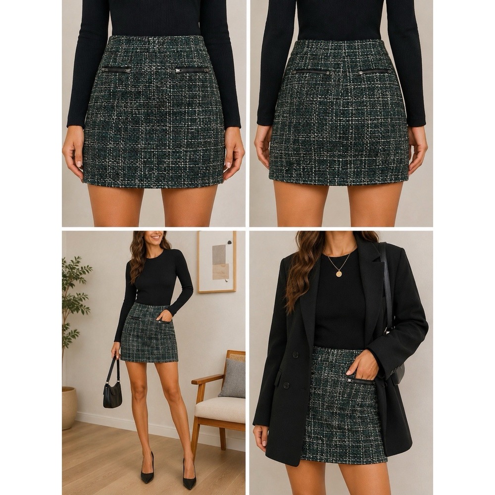 LOFT Petites Womens 8P Green Tweed Mini Skirt Textured Zip Pockets Career
